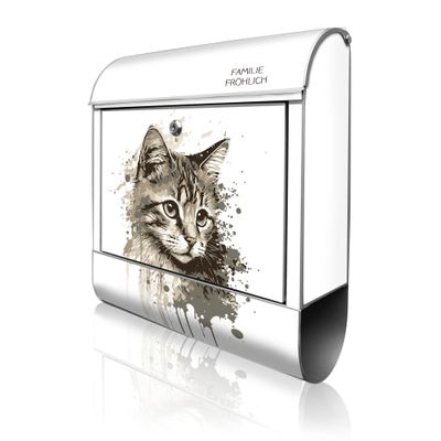 banjado Personalized Design Mailbox 38.5 x 46.5 x 13 cm with 2 Keys – Silver Powder-Coated Steel Mailbox with Newspaper Slot, A4 Mail Slot and Mounting Hardware – Cat Portrait Design