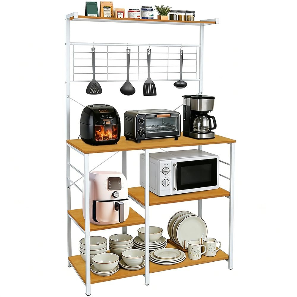 HUOLE Kitchen Rack with Wire Basket, Microwave Stand and 8 S-Hooks, 42 x 90 x 167 cm (W x D x H), Walnut