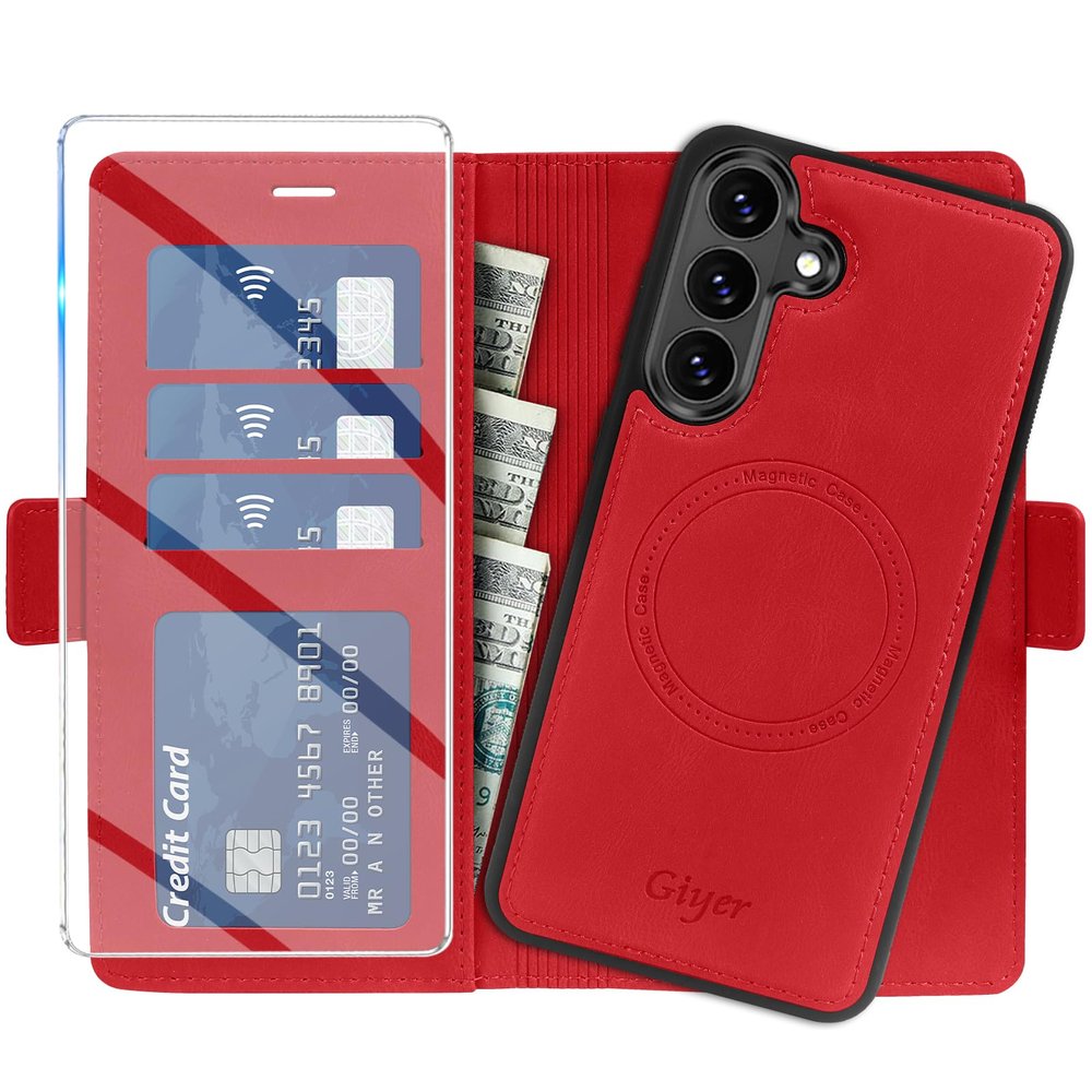 Giyer Wallet Case for Samsung Galaxy S26, Detachable PU Leather Case with Screen Protector, Stand, Card Slots and Magnetic Mount, Red