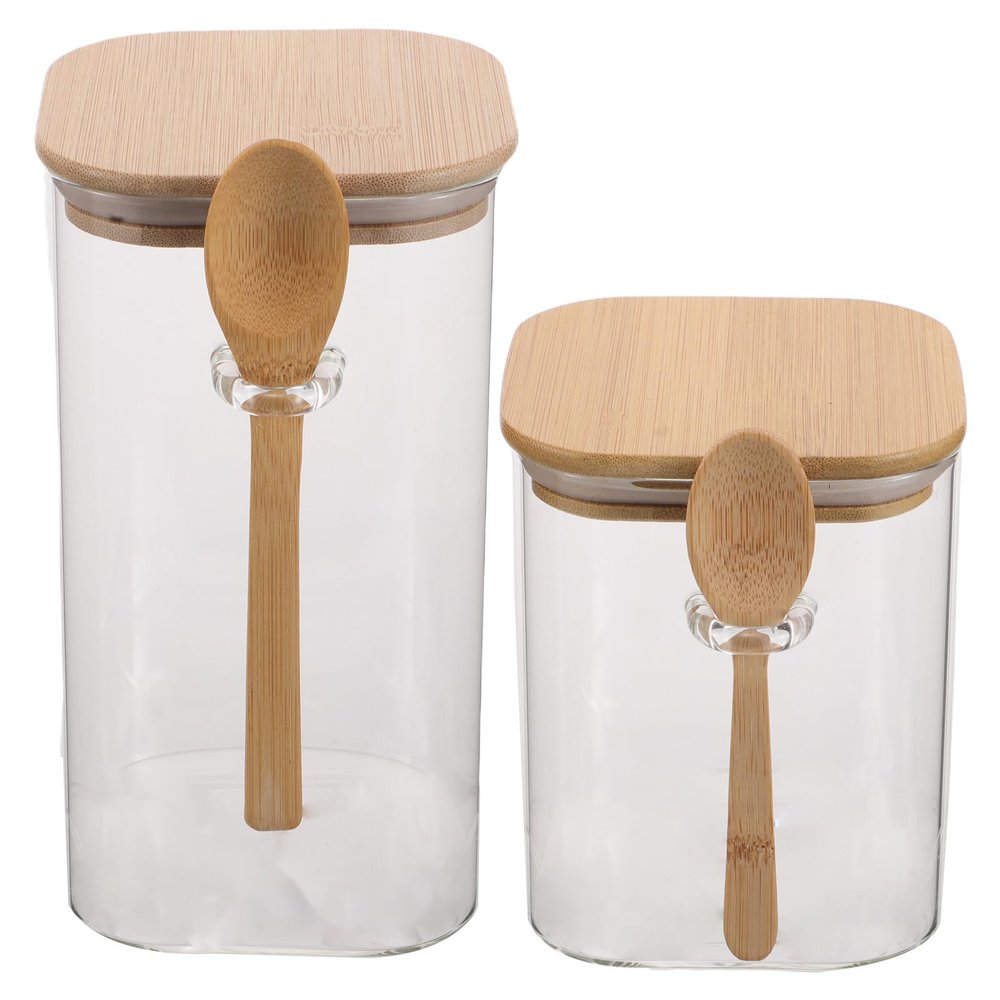 Healifty Square Glass Storage Jars, Set of 2, 800 ml and 1,200 ml, with Wooden Lids