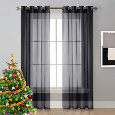 NINGBAI 2-Piece Set Sheer Curtains, 75 x 120 cm, Linen Look, Black