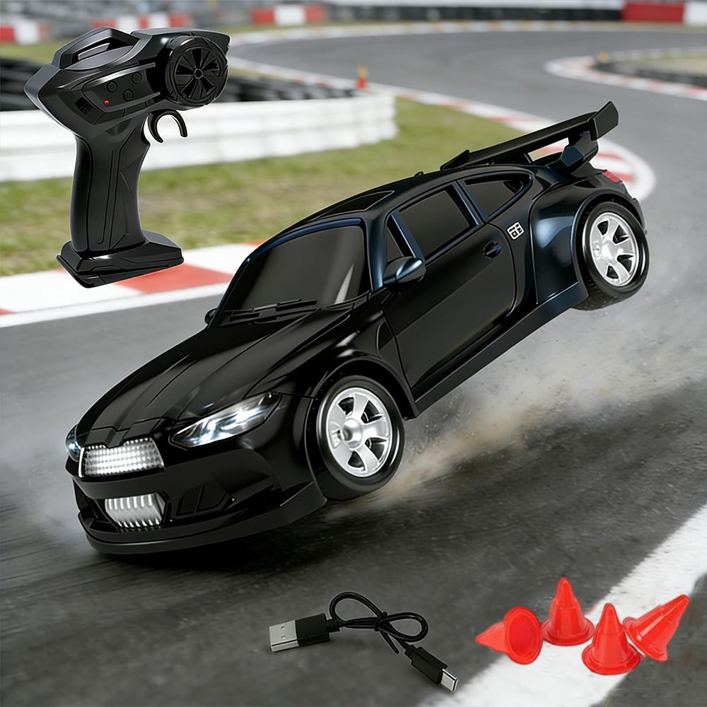 Mini 1:64 RC Drift Car, 2.4 GHz 4WD Remote-Controlled Car with Lights and Barriers