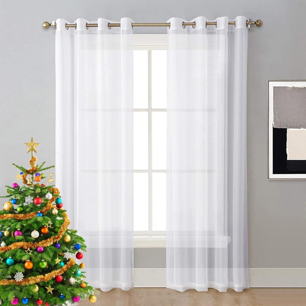 NINGBAI 2-Piece Sheer Voile Curtains, 130 x 210 cm, Linen Look, White