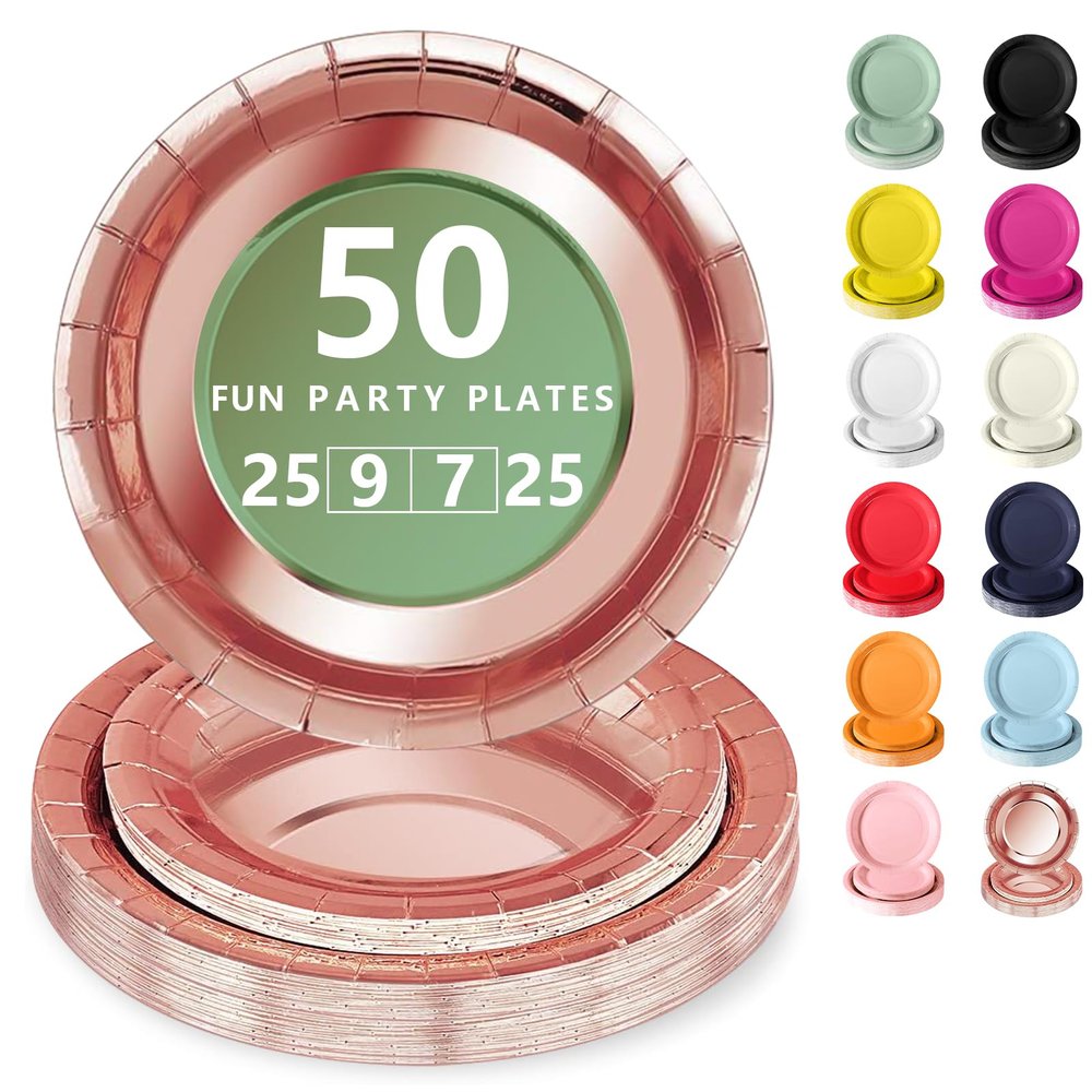 Nkaiso 50-Piece Rose Gold Disposable Paper Plate Set