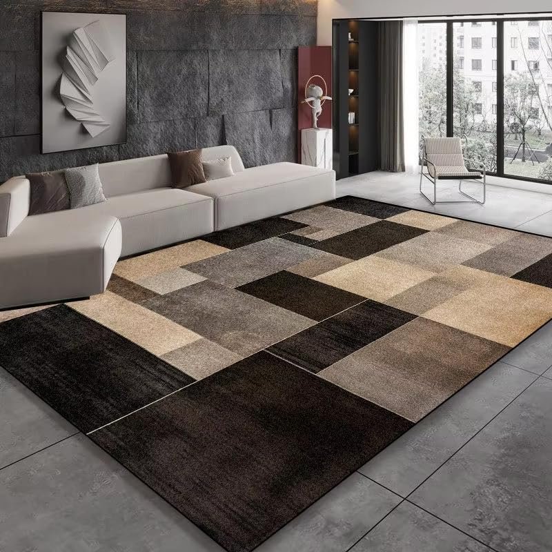 UUDIHO Living Room/Bedroom Area Rug, Easy-Care, Durable, Black and Brown Geometric Pattern, Non-Slip, 130 x 180 cm