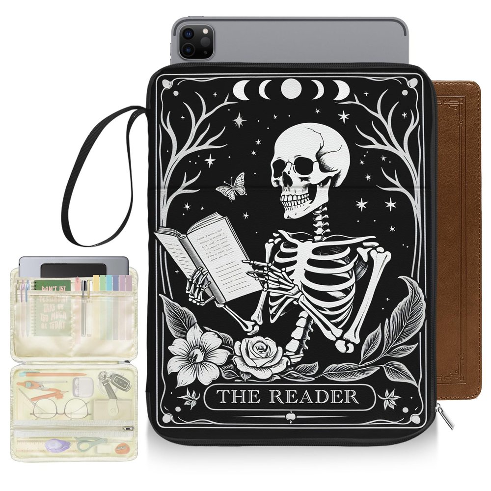 Bolimoss Gothic Skull Book Sleeve with Zipper Pockets, PU Leather, Waterproof