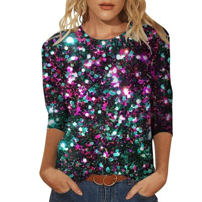 Women's Glitter Sequin Top with 3/4 Sleeves