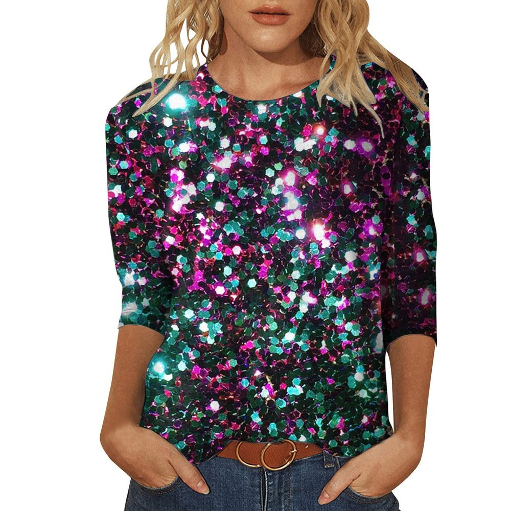 Women's Glitter Sequin Top with 3/4 Sleeves