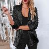 Women's Red and White Sequin Jacket, Long Sleeve Glitter Party Coat, Black, S view 2