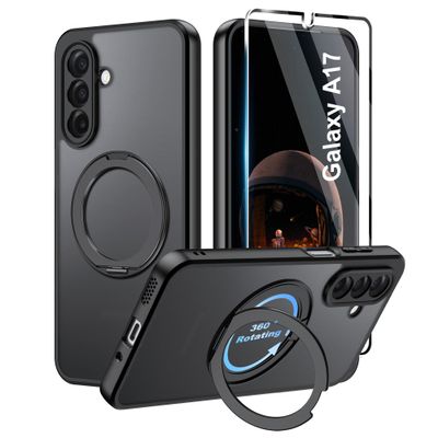 zZjoOoj Case for Samsung Galaxy A17 5G/4G with 360° Stand, Certified Military Protection, 1 Tempered Glass Screen Protector, Shockproof, Scratch-Resistant Matte Back, Black