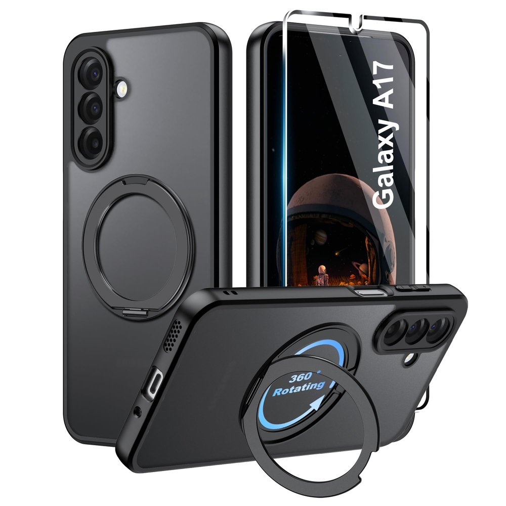 zZjoOoj Case for Samsung Galaxy A17 5G/4G with 360° Stand, Certified Military Protection, 1 Tempered Glass Screen Protector, Shockproof, Scratch-Resistant Matte Back, Black