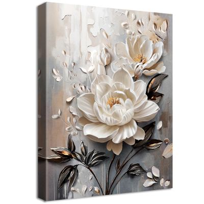 3D White Flowers on Canvas with Frame, Beige and Gray Roses, 30 x 40 cm
