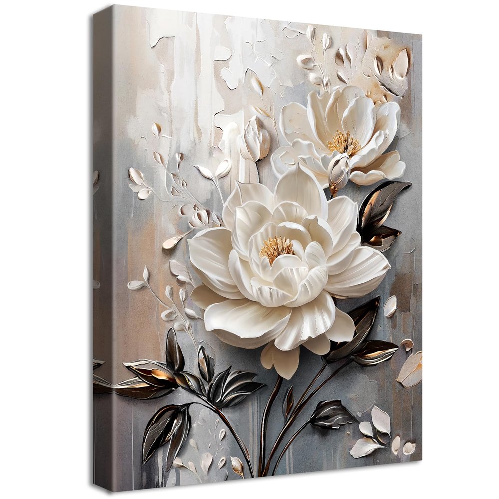 3D White Flowers on Canvas with Frame, Beige and Gray Roses, 30 x 40 cm