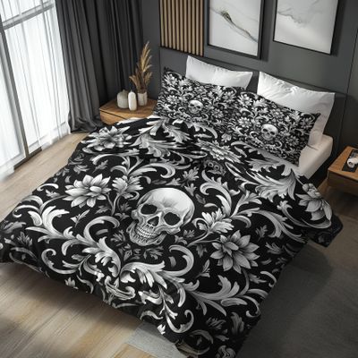 Generic 3-Piece Damask Floral Bedding Set 200 x 200 cm, Gothic Skull Flower Pattern