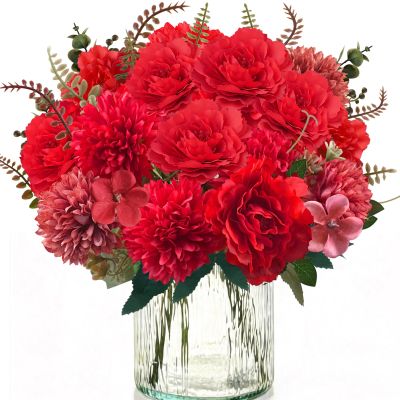 4 Bundles of Realistic Red Artificial Peony and Chrysanthemum Flowers