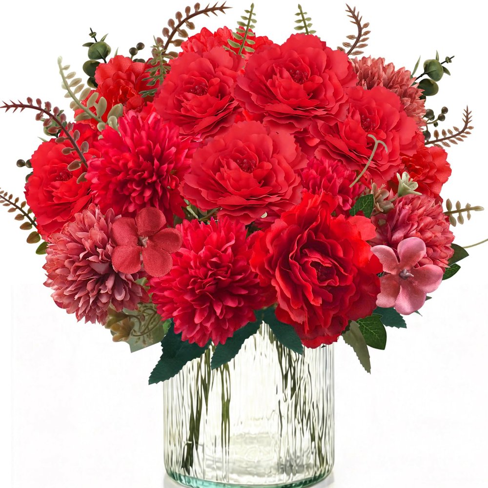 4 Bundles of Realistic Red Artificial Peony and Chrysanthemum Flowers