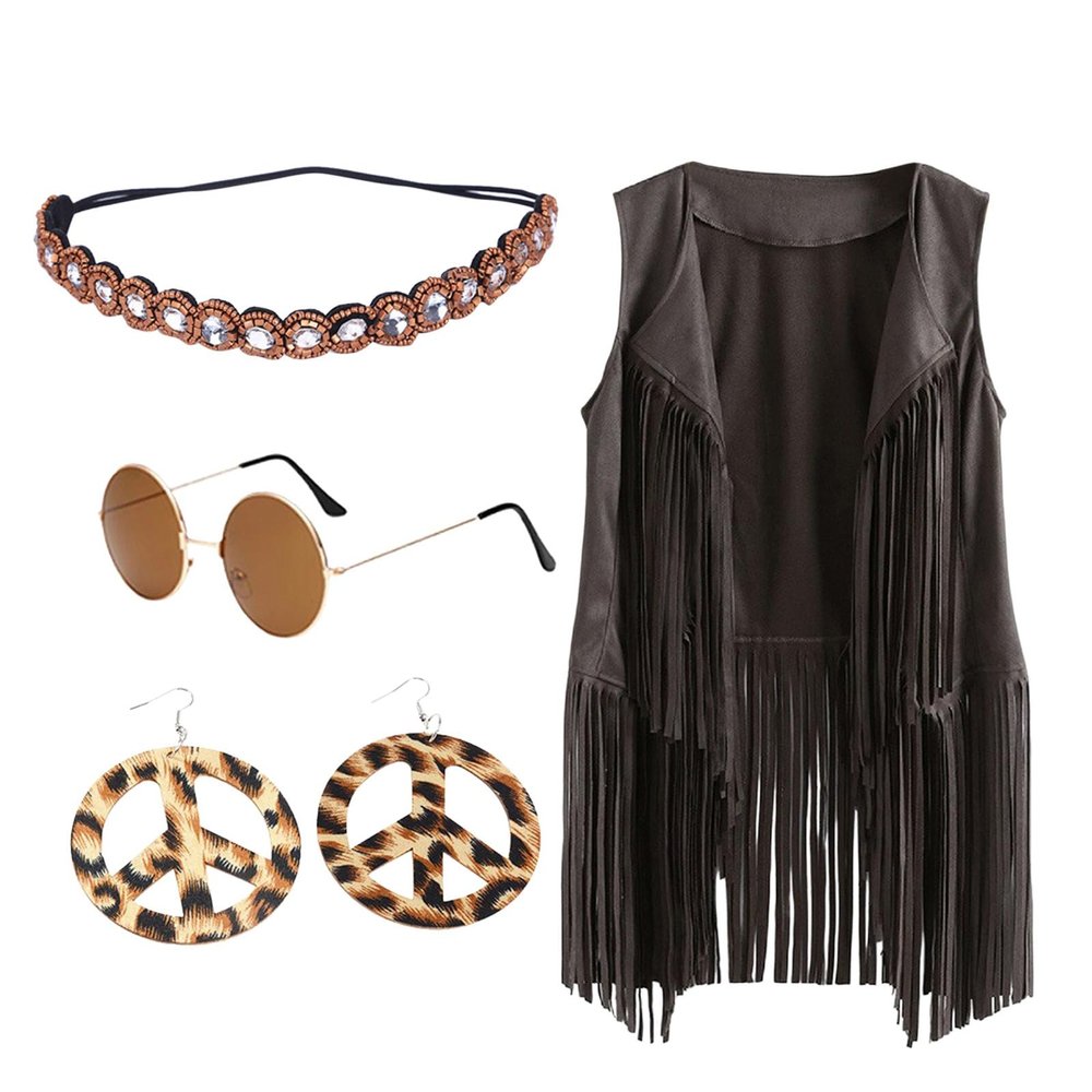 Women's Hippie Cowgirl Costume Vest, Boho 70s Fringe Denim Waistcoat