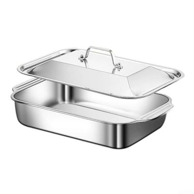 Premium 18/8 Stainless Steel Lasagna Pan with Lid and Two Riveted Handles, Oven- and Dishwasher-Safe, 7.6 cm Deep