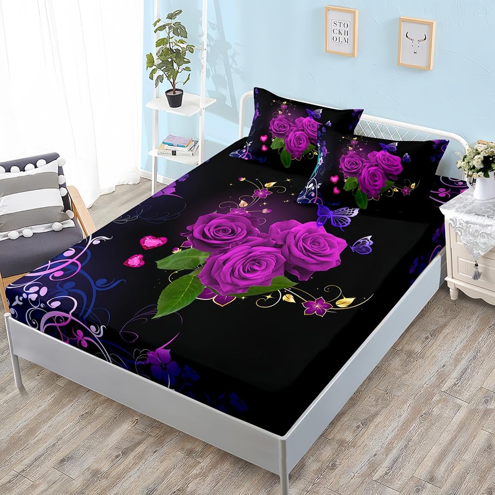 ZKTCYC Purple Rose Fitted Sheet Set 160 x 200 cm with Butterfly and Flower Design