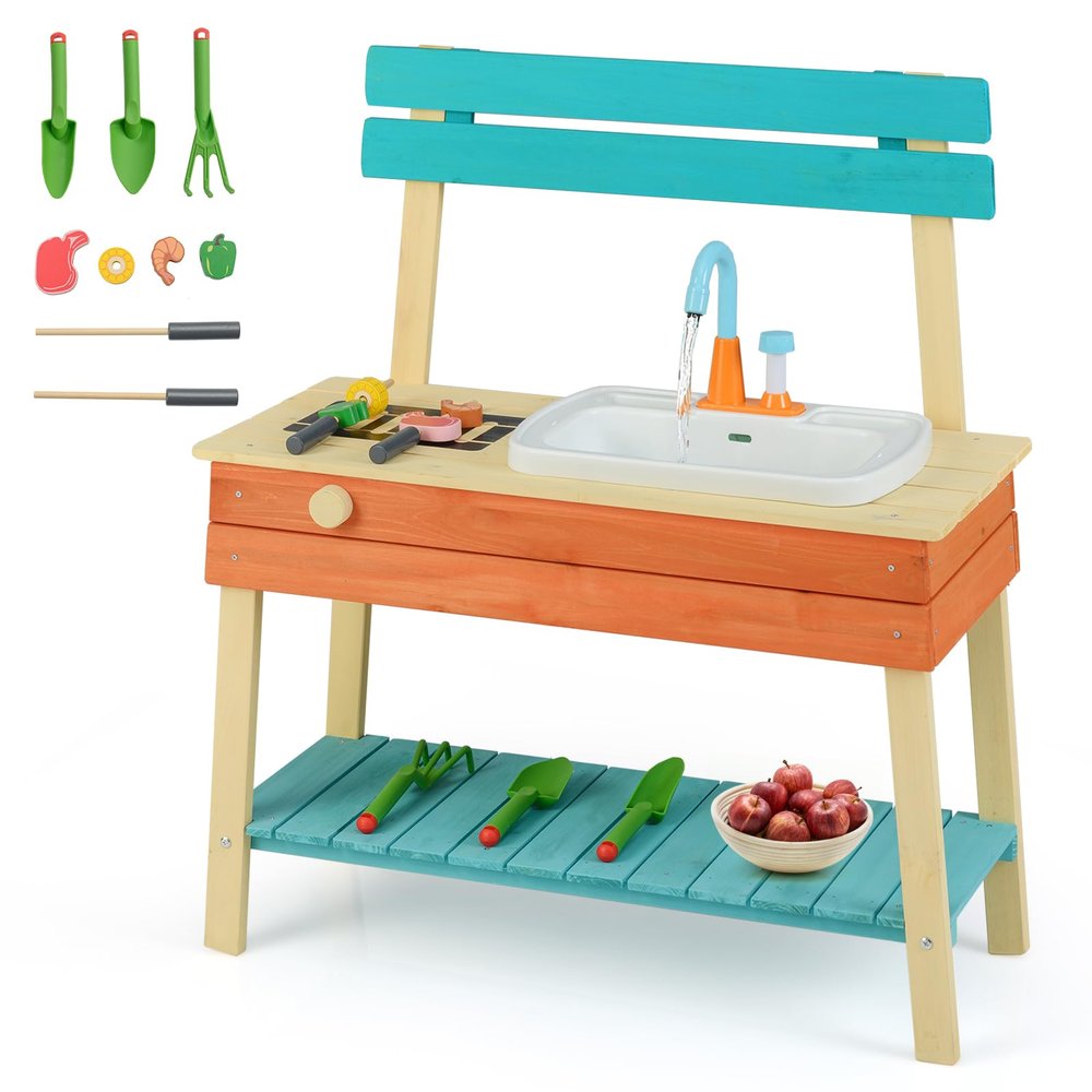 COSTWAY Kids' Outdoor Mud Kitchen with Faucet and Grill, Wooden Play Kitchen with Skewers, Play Food and Garden Tools, Ages 3+
