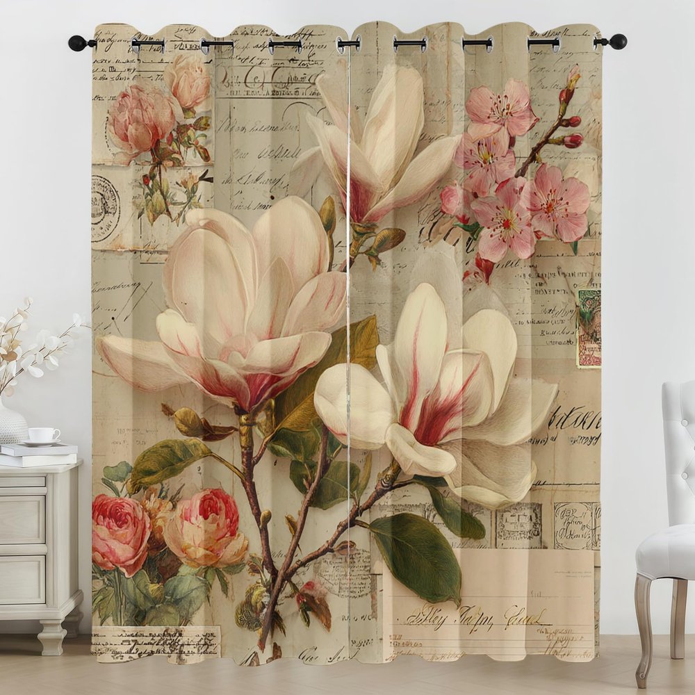 Retro Flower Blackout Curtains, Vintage Letter Design, 2-Piece Set, 245 x 140 cm