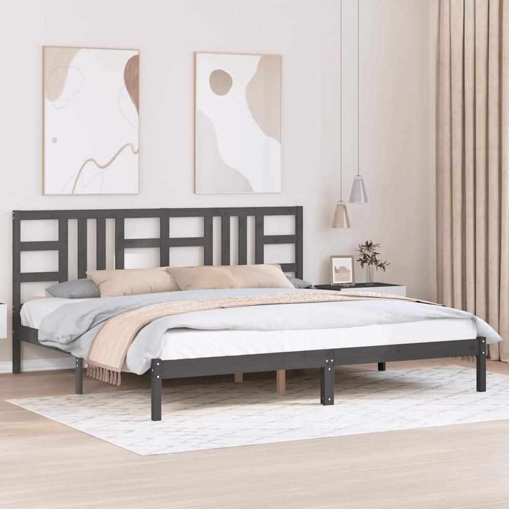 Kaloriko Solid Wood Bed Frame, Gray, 200 x 200 cm, with Headboard