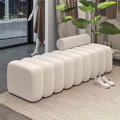 Modern Velvet Entryway Bench, Padded Shoe-Changing Stool, Elegant Bed Bench (79 x 46 x 43 cm, White)