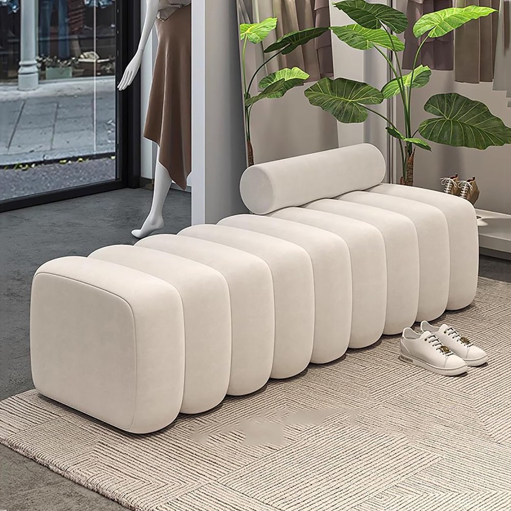 Modern Velvet Entryway Bench, Padded Shoe-Changing Stool, Elegant Bed Bench (79 x 46 x 43 cm, White)