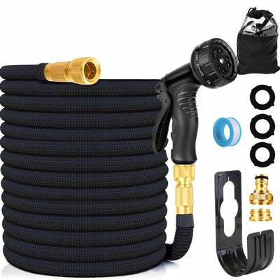 Expandable Latex Garden Hose with 3/4" & 1/2" Metal Connectors, Kink-Free, Lightweight, 10-Function Spray Nozzle (50 ft)