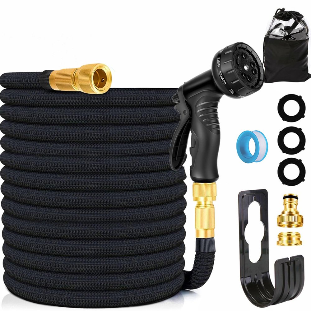 Expandable Latex Garden Hose with 3/4" & 1/2" Metal Connectors, Kink-Free, Lightweight, 10-Function Spray Nozzle (50 ft)