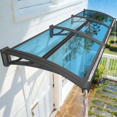 NacstarHome Door Canopy with Gutter, 140 cm, Blue Polycarbonate Panel, Gray 80 cm Brackets