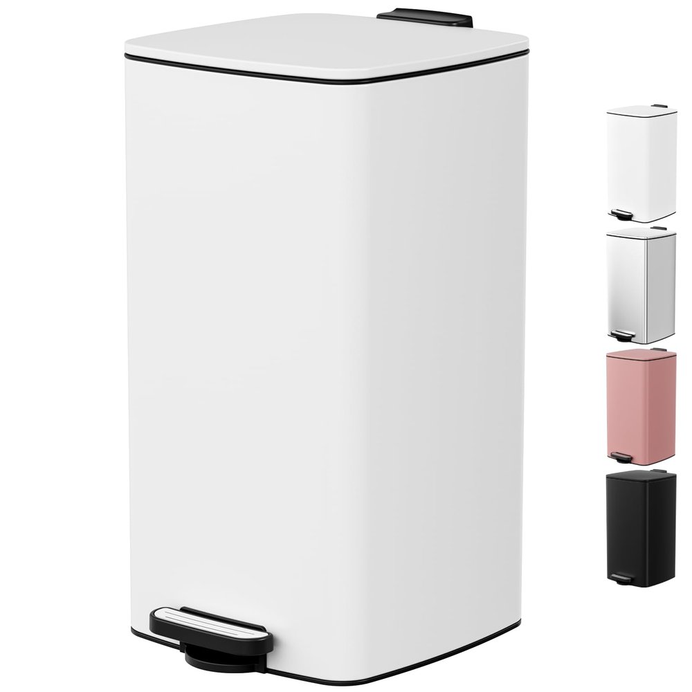 LIFERUN 30L Steel Kitchen Trash Can, White