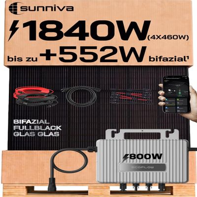 SUNNIVA 1840W Balcony Solar System with 800W ECOFLOW Inverter, 4x 460W Bifacial N-Type Glass-Glass Panels, 5m Connection Cable and 4x 2.5m Solar Cables