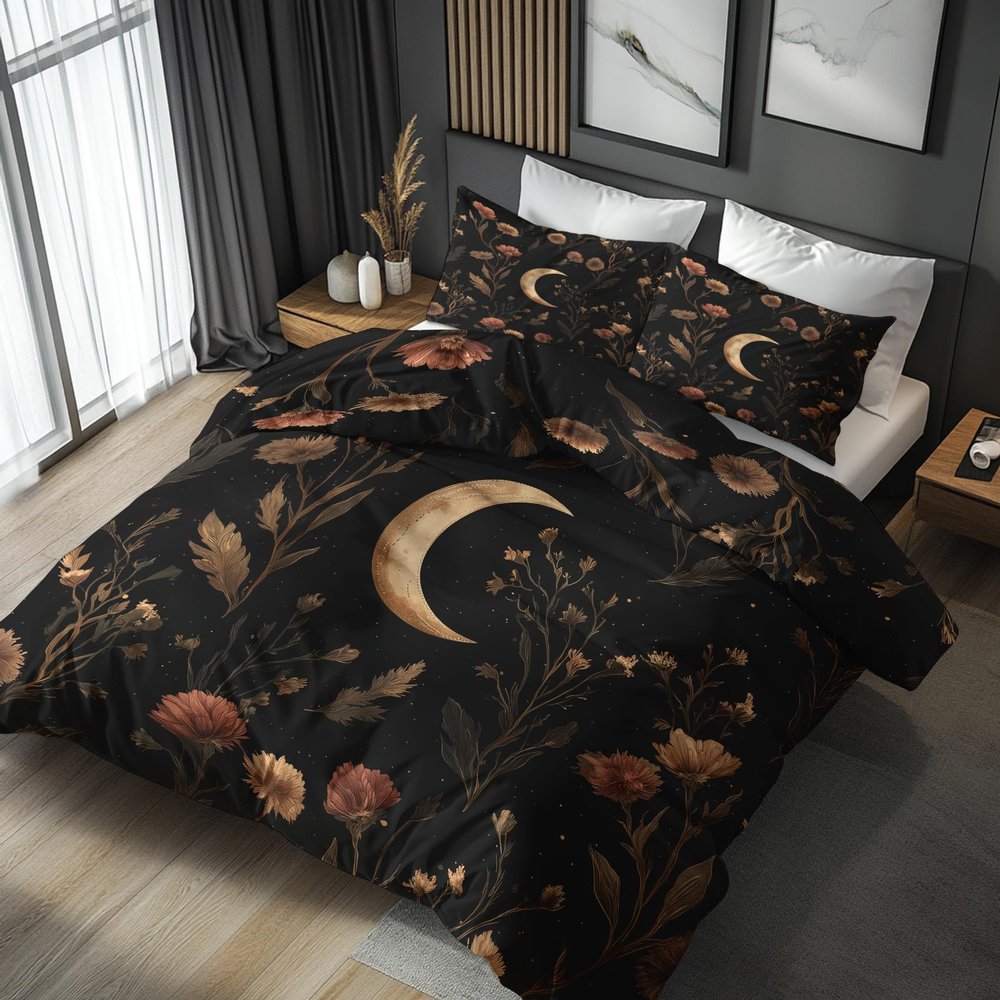 Boho Floral Bedding Set 155 x 220 cm, Moon and Star Pattern
