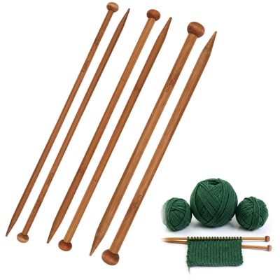 ACKKOR 6-Piece Bamboo Knitting Needle Set, 6, 8, 10 mm, 25 cm, Single-Pointed, for Kids and Beginners