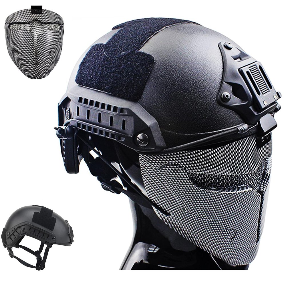 FAST Tactical Helmet Set with Airsoft Full-Face Mask, Paintball Protective Set (Silver, M)