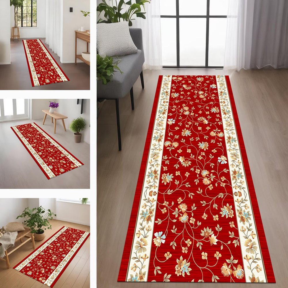 RGLXING Washable Non-Slip Rug Runner, 120 x 500 cm, Red, Green and Orange