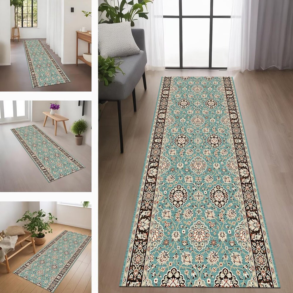 RGLXING Washable Non-Slip Runner Rug, 80 x 350 cm, Cyan/Brown/Red
