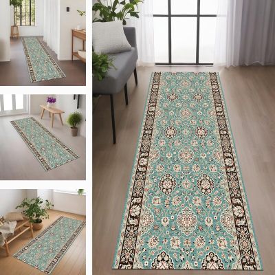 RGLXING Washable Non-Slip Carpet Runner, 70 x 350 cm, Cyan/Brown/Red