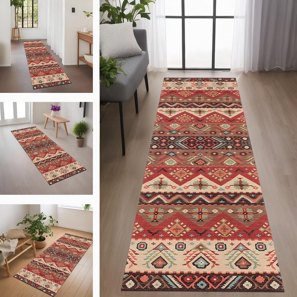 RGLXING Hallway Runner Rug, Non-Slip Absorbent, Washable, 80 x 140 cm, Red and Green