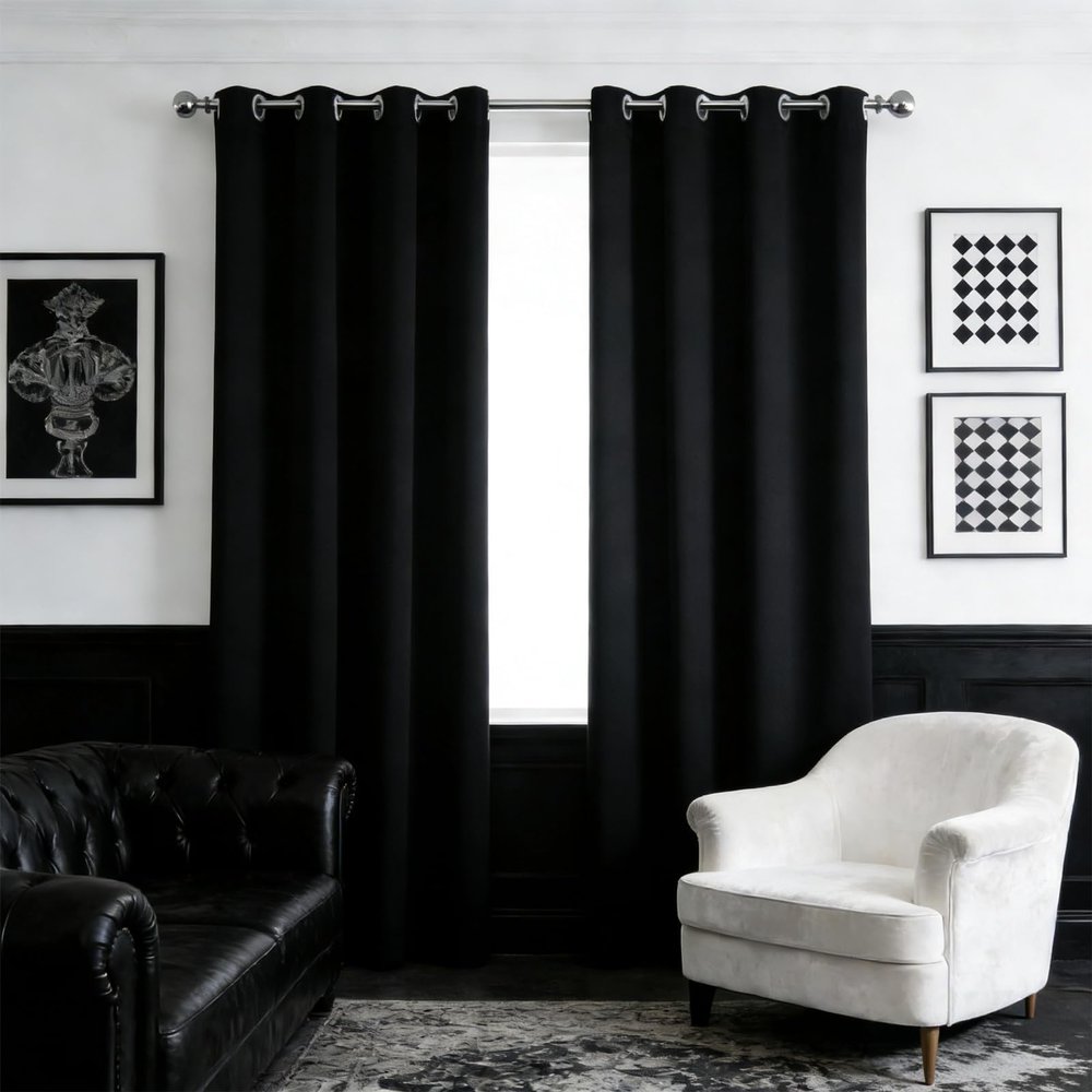 WUXXIANG Eyelet Curtain 100 x 135 cm, Blackout, Thermal Insulation, Black