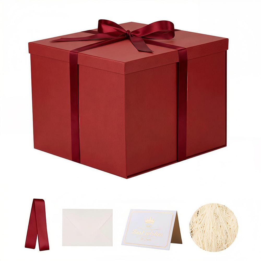 KdmNzoo Gift Box with Lid, 32 x 32 x 25 cm, Extra Large, with Ribbons, Greeting Cards and Raffia Shreds for Red