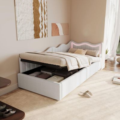 ZSSWSS 90 x 200 cm Upholstered Storage Daybed with Hydraulic Lift and Wave-Shaped Headboard, White Teddy Fleece