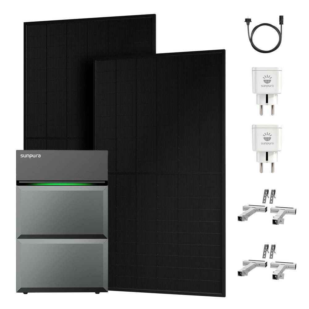 Powerness All-in-One 1000W Balcony Solar System with 4,800Wh Storage, Sunpura S2400 with 1 B2400, 2,500W Solar Panels, Silver Balcony Mounting, Plug & Play (0% VAT)