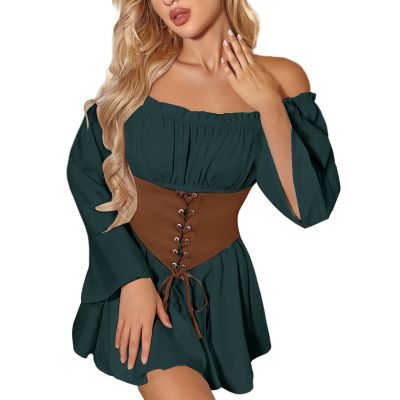 Generic Women's Pirate Costume - Sexy Shoulder Corset Pirate Dress, Medieval Carnival Costume, Summer Dress, Green, S