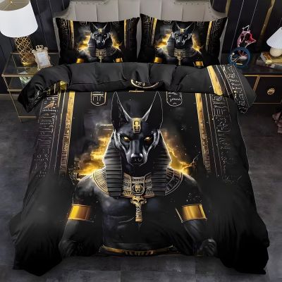 LLSZAHD Anubis Bedding Set, 200 x 200 cm, Egyptian-Style Pattern, Microfiber Duvet Cover with Zipper and 80 x 80 cm Pillowcases
