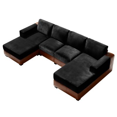 Sfcover U-Shaped Stretch Velvet Sectional Sofa Cover Set with Armrest Covers, Black, Large 1-Seater (1pc)