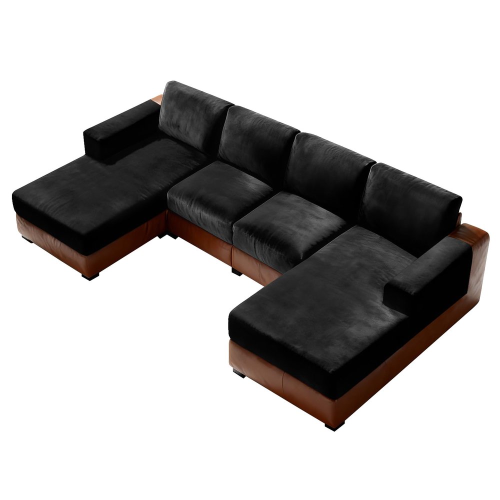 Sfcover U-Shaped Stretch Velvet Sectional Sofa Cover Set with Armrest Covers, Black, Large 1-Seater (1pc)