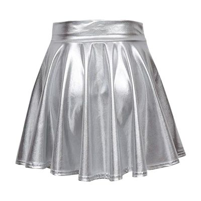 DaPongZhi Women's Metallic Pleated Mini Skater Skirt with Elastic High Waist