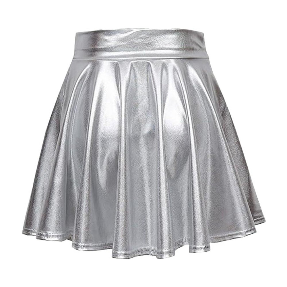 DaPongZhi Women's Metallic Pleated Mini Skater Skirt with Elastic High Waist